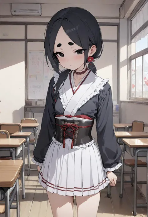 (masterpiece, best quality:1.2), 1girl, solo, black hair, low ponytail. long hair, black eyes, thick eyebrows, small breasts, whie shirt, lace trim, black corset, white skirt, frills, long sleeves, black sleeves, japanese colthes, head ornament, red flower chocker,  cowboy shot, full body, indoors, classroom <lora:Chise sdxl_lora:1>