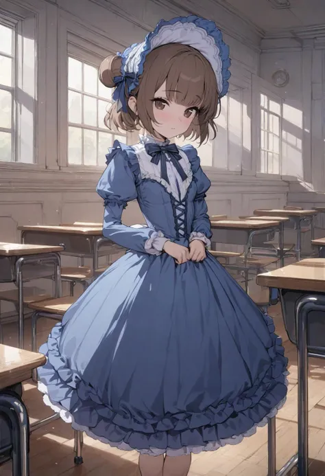 (masterpiece, best quality:1.2), 1girl, solo, brown hair, medium hair, sidebuns, brown eyes, small breast, blue victorian dress, bonnet, cowboy shot, indoors, full body, victorian, classroom <lora:Beatriche sdxl_lora:1>