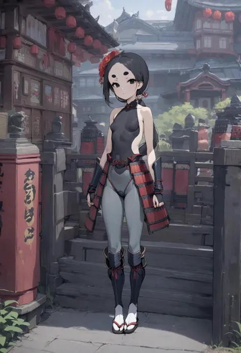 (masterpiece, best quality:1.2), 1girl, solo, black hair, low ponytail. long hair, black eyes, thick eyebrows, small breasts, black bodysuit, gray pants, japanese clothes, japanese gauntlets, japanese greaves, japanese armor, tabi, sandals, head ornament, red flower chocker, bare arms, cowboy shot, outdoors, full body, victorian, london  <lora:Chise sdxl_lora:1>