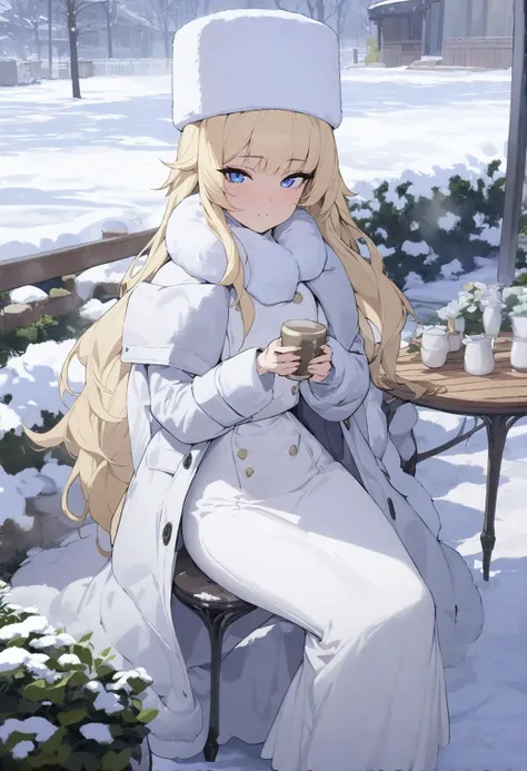 (masterpiece, best quality:1.2), 1girl, solo, long hair, blonde hair, pointy sidebangs, blue eyes, looking at the viewer, white dress, winter coat, fur hat, sitting, table, holding cup, cowboy shot, full body, outdoors, garden <lora:Princess sdxl_lora:1>