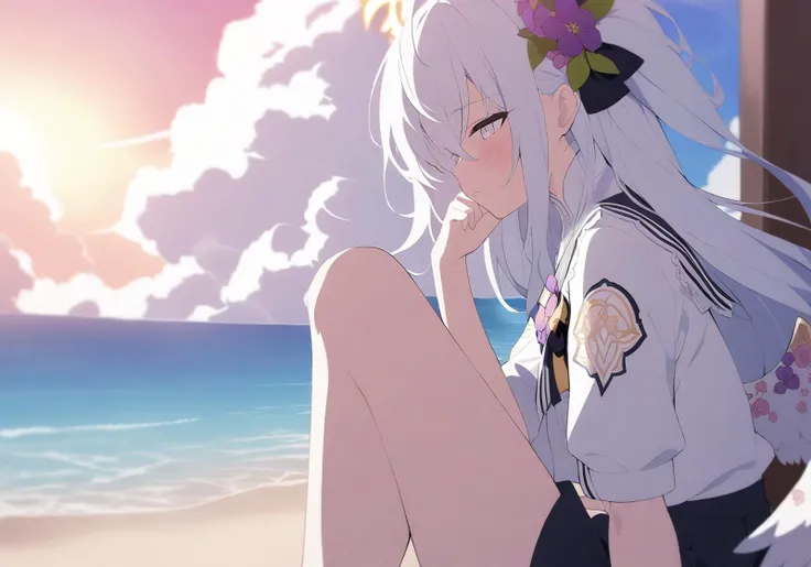 azusa \(blue archive\),1girl,solo,blush,(long hair:0.9),finger to face,hand on own cheek,hand on own face,hand up,knee up,sitting,
blue sky,cloud,cumulonimbus cloud,sky,summer,beach,sunset,sunlight,(wind:1.2),
flat_coating,clear_color,highres,absurdres,best_quality,