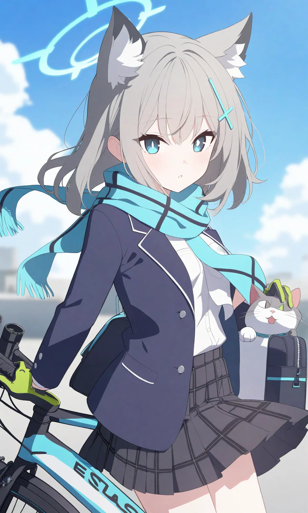 shiroko_\(blue_archive\) anime_girl_with_cat_ears_holding_a_bicycle_with_a_blue_sky_background 1girl best_quality newest animal_ears solo gloves sig_sauer scarf bicycle skirt weapon blue_eyes assault_rifle gun rifle ground_vehicle grey_hair halo hair_ornament mismatched_pupils animal_ear_fluff school_uniform green_gloves blue_scarf jacket sky cloud plaid_skirt shirt bag white_shirt necktie looking_at_viewer cross_hair_ornament pleated_skirt plaid outdoors bangs extra_ears medium_hair open_clothes long_sleeves cat_ears day blue_sky single_glove open_jacket blazer wolf_ears