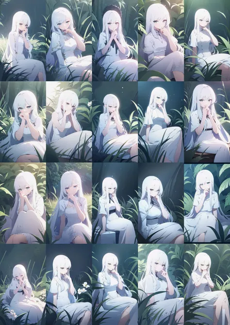 1girl with long white hair sitting in a field of green plants and flowers, her hand under her chin, warm lighting, white dress, blurry foreground