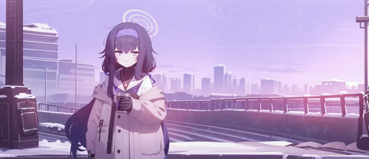 best quality, masterpiece, purple theme, snow, pedestrian bridge, sky, sunrise, (cityscape:1.1), (crowd:1.1), 
1girl, solo, <lora:å¤å³å¿§ã1girlãKozeki Ui:0.65>, cowboy shot, kozeki ui, standing, holding canned coffee, hand in pocket, 
trench coat, thick scarf, black legwear, black gloves, (messenger bag:1.1), beret, thick thighs, 
messy hair, black hair, ahoge, bangs, halo, hairband, hair accessories, crystal earrings, <lora:é»ç¼å_å³é®è¯_bags_under_eyes:0.5:hr=0.9>, bags under eyes, <lora:betterHalfClosedEyes_v10[half-closed_eyes]:0.5:hr=0.8>, half-closed eyes,