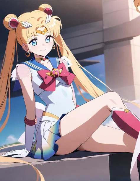 1girl, solo,<lora:sdxl-supersailormoon-animagineXLV3-AdamW8bit-v1-16-1:1:lbw=0,0,0,0,0,0,0,0,1,1,0,0,0,0,1,0.95,1,0,0,0,0,0,0,0,0,0>, supersailormoon, double bun, twintails, circlet, earrings, choker, bow, gloves, miniskirt, ,sitting , ,smile,, <lora:ALTXL_001_4:2>, high quality,/* A private Lora related to light intensity adjustment etc. was added here*/