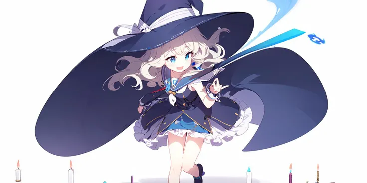 1girl solo white_footwear blue_eyes white_background simple_background wrist_cuffs sleeveless :d blue_sailor_collar dress bangs frills cute 14years standing_on_one_leg sailor_collar standing