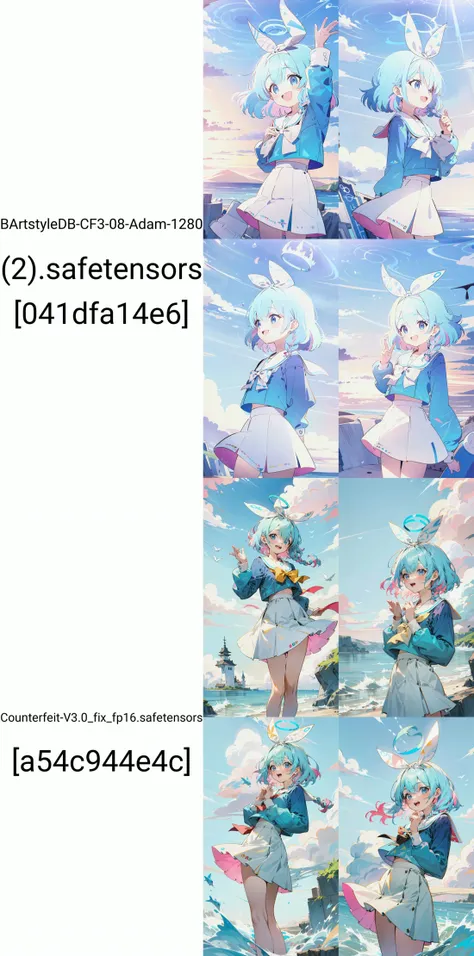 masterpiece best_quality blue_sky AND pink_sky <lora:aronaBlueArchive_v1:0.65> arona 1girl white_hairband halo short_hair single_braid solo blue_eyes blue_hair braid smile multicolored_hair ocean white_sailor_collar outdoors cloud blue_shirt school_uniform pink_hair long_sleeves white_skirt open_mouth skirt_gV-gVe__DanbooruTAG/posture_basic