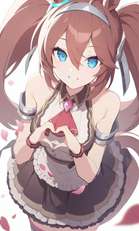 mihono_bourbon_(code_glassage)_(umamusume) mihono_bourbon_(umamusume) 1girl ahoge animal_ears apron arm_garter ascot bare_shoulders blue_eyes breasts brooch brown_dress brown_hair dress hair_between_eyes hairband hands_up heart heart_hands horse_ears horse_girl horse_tail jewelry long_hair official_alternate_costume official_alternate_hairstyle parted_lips red_ascot simple_background sleeveless sleeveless_dress small_breasts solo tail waist_apron white_background wrist_cuffs looking_at_viewer looking_down petals red_eyes smile solo tail tiara twintails very_long_hair flat_coating clear_color highres absurdres best_quality