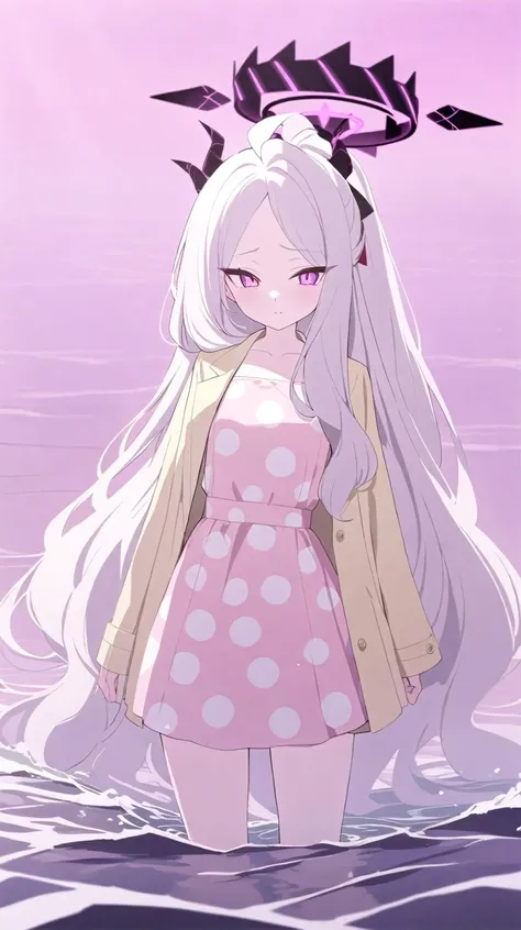 pink_theme Hina_\(blue_archive\) anime_girl_in_black_dress_standing_in_water, best_quality newest masterpiece 1girl solo, polka dot, yellow coat,Pink pajamas, white spots,Demon halo