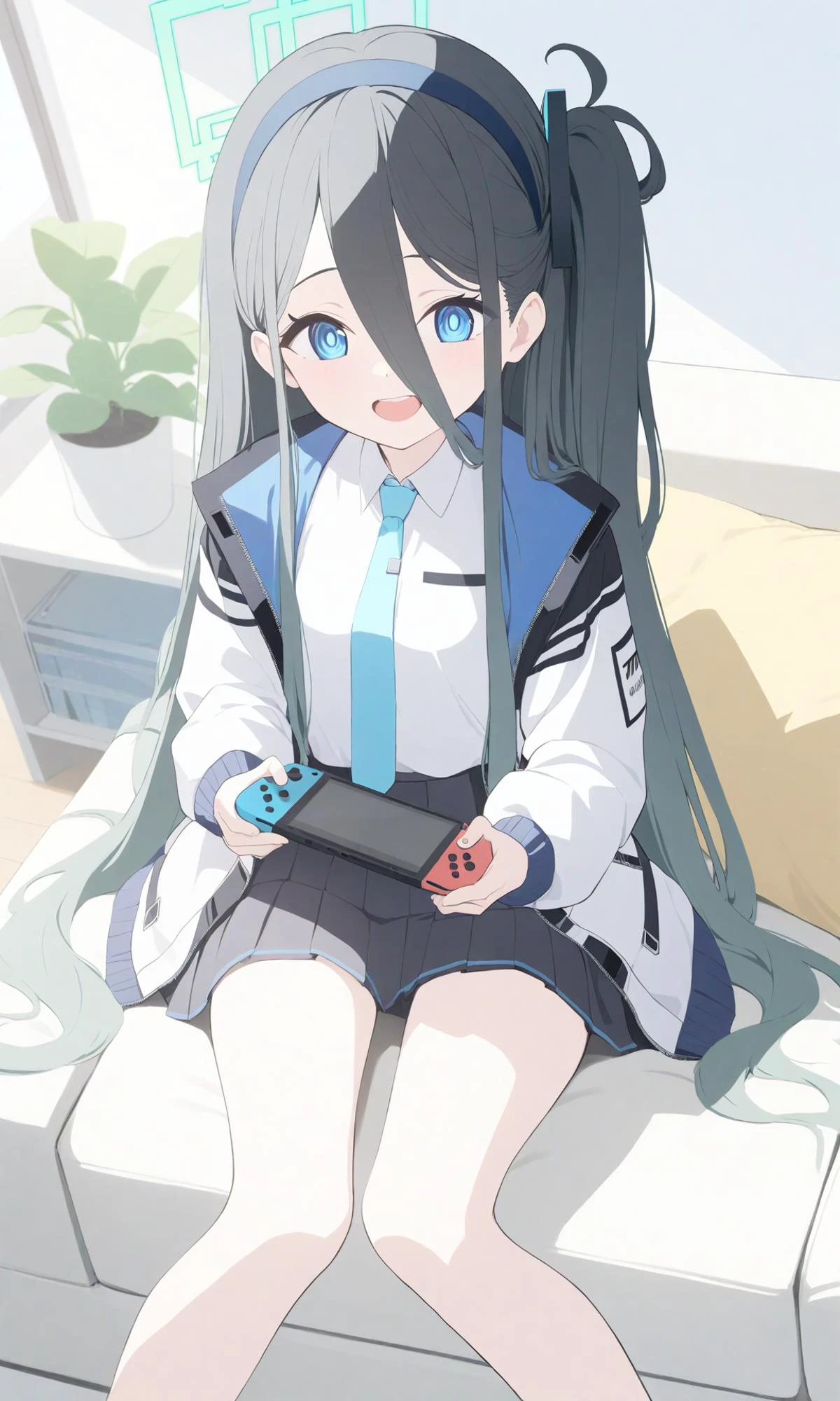 yellow_theme anime_girl_sitting_on_a_couch_with_her_legs_crossed_and_a_remote_in_her_hand game_top_down_view perspective wide_shot best_quality newest masterpiece aris_\(blue_archive\) 1girl feet barefoot blue_eyes toes solo soles long_hair black_hair foot_focus necktie bare_legs hair_between_eyes skirt nintendo_switch halo shirt v foreshortening indoors white_shirt blue_necktie open_mouth holding one_side_up couch smile hairband plant long_sleeves potted_plant handheld_game_console teeth black_skirt looking_at_viewer upper_teeth_only school_uniform legs game_console full_body very_long_hair bangs sitting holding_handheld_game_console collared_shir