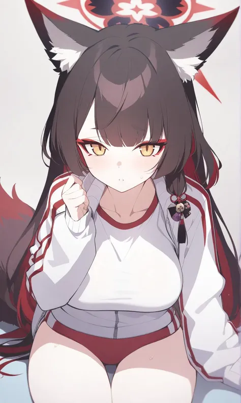Kosaka Wakamo\(blue archive\),1girl, solo, long hair, breasts, looking at viewer, blush, bangs, black hair, long sleeves, bow, animal ears, sitting, very long hair, jacket, yellow eyes, hair bow, thighs, red hair, multicolored hair, hood, two-tone hair, animal ear fluff, fox ears, halo, between legs, gym uniform, track jacket, buruma, hand between legs, colored inner hair, red buruma, flat_coating,clear_color,highres absurdres,best_quality