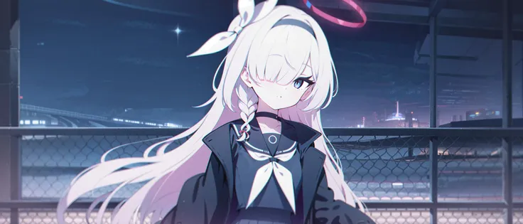 best quality, masterpiece, night sky, chain-link fence, nuclear powerplant, cityscape, 
1girl, solo, <lora:plana:0.7:hr=0.8>, arona \(blue archive\), upper body,
black choker, choker, school uniform, serafuku, sailor collar, pleated skirt, long sleeves, neckerchief, collarbone, white neckerchief, black skirt, jacket, bow, ribbon, 
halo, braid, long hair, white hair, bangs, hairband, black hairband, hair ribbon, single braid, hair accessories, hair ornament,hair over one eye, hair between eyes, eyebrows visible through hair,