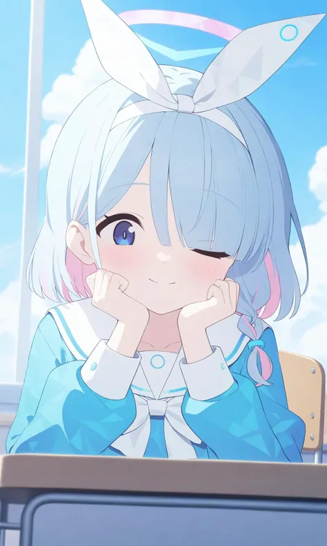 arona_\(blue_archive\) cinematic_angle anime_girl_next_to_a_desk_with_her_head_on_her_hands 1girl best_quality newest solo desk school_desk blue_hair halo school_uniform blue_shirt long_sleeves sky shirt cloud multicolored_hair white_hairband hairband hair_over_one_eye smile sailor_collar short_hair day closed_mouth blue_sky serafuku white_sailor_collar bow_hairband pink_hair bangs indoors chair sitting ribbon school_chair skirt hair_ribbon blush classroom white_ribbon