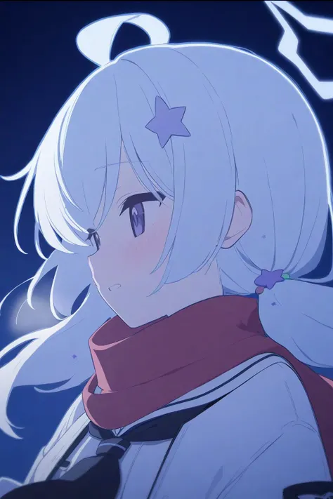 <lora:reisa_(blue_archive)_image894_2023-11-28:0.8>,blue theme,(blue_archive\),1girl,star_hair_ornament,solo,star_\(symbol\),ahoge,red_scarf,blush,black_neckerchief,long_sleeves,coat,serafuku,breath,white_sailor_collar,simple_background,upper_body,star_halo ,halo. gorgeous,key visual,