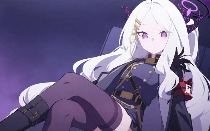 hina_\(blue_archive\) anime_girl_with_white_hair_and_purple_wings purple_theme night dark_figurings wearing_black_stylish_clothing from_blue_archive masterpiece best_quality newest night 1girl solo horns thighhighs white_hair wings boots long_hair halo crossed_legs sitting purple_eyes gloves looking_at_viewer coat hair_ornament black_gloves armband purple_thighhighs demon_wings knee_boots uniform military_uniform multiple_horns bangs coat_on_shoulders military black_footwear parted_bangs
