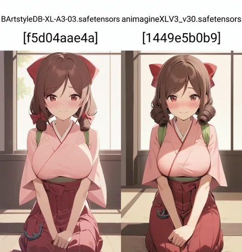 1girl official_wallpaper seiza pink_kimono red_hakama hakama_skirt green_waist twin_drills brown_hair dark_red_eyes red_bow hair_bow anchor blush breasts (short_sleeves) wide_sleeves smile natural_lighting masterpiece best_quality <lora:kamikazes_animaginexl_2:0.7>
