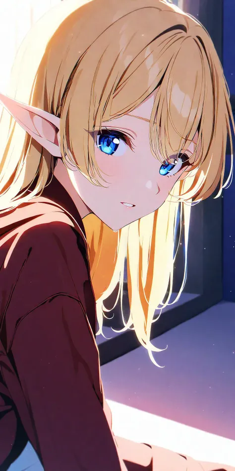 highres,best quality,realisitic lighting,warm colours,1 girl,solo,blonde hair,blue eyes,elf girl,