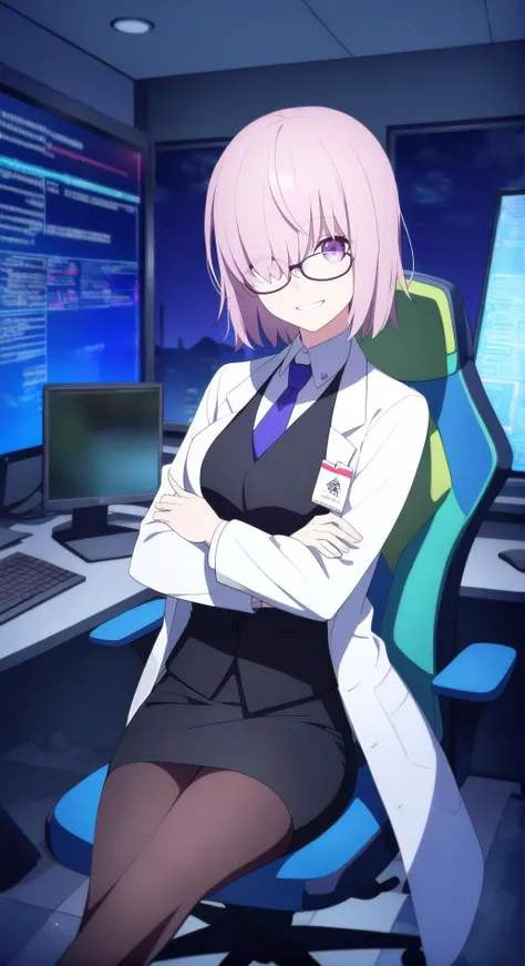 1girl,
1girl, mash kyrielight \(formal dress\), fate/grand order, solo, legs apart, graveyard, office chair, office lady, red hair, star \(sky\), desk, grin, spacecraft, swivel chair, pencil skirt, id card, curtains, long sleeves, black skirt, personification, hair between eyes, black pantyhose, skirt, keyboard \(computer\), pantyhose, shirt, long hair, necktie, mouse \(computer\), monitor, blue necktie, russian text, window, smile, white shirt, night, dark room, looking at viewer, collared shirt, chair, lab coat, akira slide, indoors, qr code, blonde hair, apartment, purple eyes, miniskirt, night sky, computer, flashlight, starry sky, cyrillic, red eyes, sky, glasses, sitting, crossed arms, twitter username, blue eyes, medium hair,
masterpiece, best quality, absurdres, highres, safe