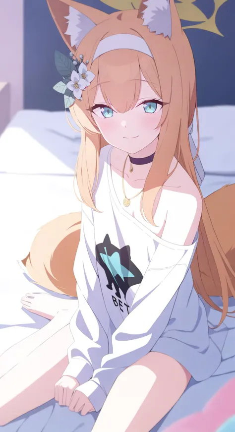 1girl
mari \(blue archive\)
bare legs, blue eyes, blush, fox ears, fox girl, from above, hair between eyes, halo, hand between legs, heart print, indoors, long hair, looking at viewer, looking up, necklace, off shoulder, on bed
newest, pillow, shirt, bare shoulders, smile, window, between legs, closed mouth, wariza, animal ear fluff, bed, clothes writing, solo, blue hair, depth of field, blurry, animal ears, blurry background, very long hair, jewelry, heart, sitting, white shirt, print shirt, 
 absurdres, highres, sensitive