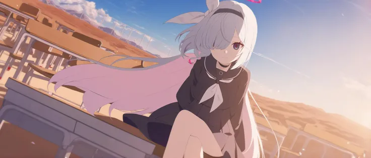 1girl, plana \(blue archive\), white hair, long hair, mismatched pupils, black serafuku, black long skirt, crossed legs, solo, upper body, blue sky, arms behind back, outdoors, classroom, horizon, light smile,