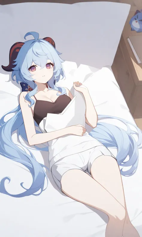 ganyu_(genshin_impact) 1girl bell blue_hair camisole cleavage_cutout clipboard clothing_cutout horns long_hair looking_at_viewer lying open_mouth purple_eyes short_shorts shorts solo spaghetti_strap strap_slip thighs very_long_hair white_shorts flat_coating clear_color highres absurdres best_quality