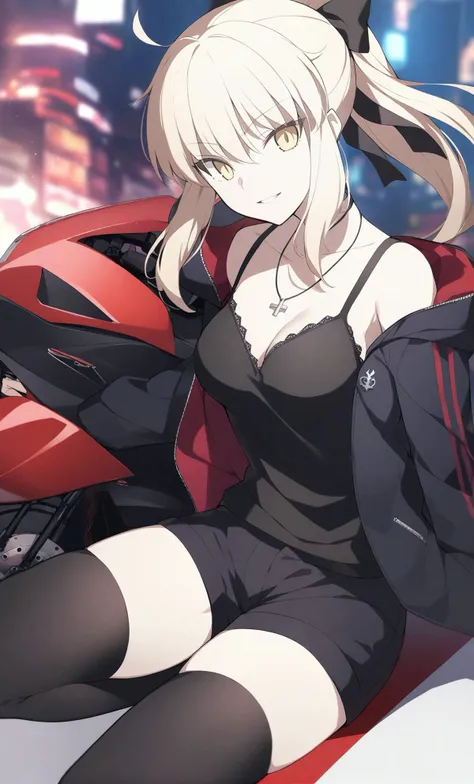 artoria_pendragon_(fate) saber_alter saber_alter_(ver._shinjuku_1999)_(fate) 1girl black_camisole black_jacket black_ribbon black_shorts black_thighhighs blonde_hair breasts camisole cleavage collarbone hair_ribbon jacket jewelry long_hair long_sleeves looking_at_viewer low_ponytail medium_breasts motor_vehicle motorcycle necklace open_clothes open_jacket parted_lips ribbon short_shorts shorts sidelocks smile solo thighhighs thighs yellow_eyes flat_coating clear_color highres absurdres best_quality