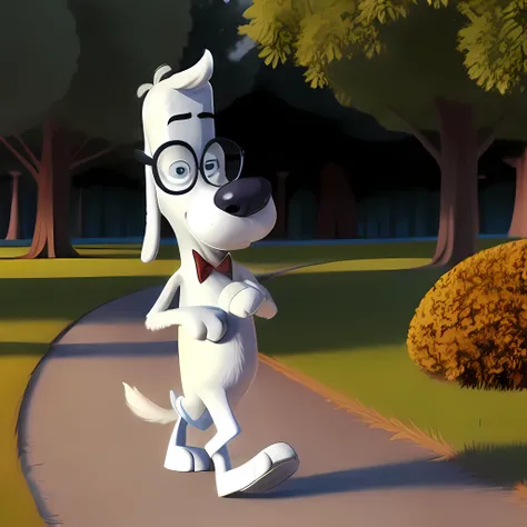 ((masterpiece, best quality)),(complex light),illustration, 1boy, furry, solo, full body, dog, mr peabody, <lora:mr_peabody1-10:0.8>,glasses, walking, forest,