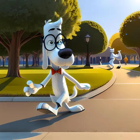 ((masterpiece, best quality)),(complex light),illustration, 1boy, furry, solo, full body, dog, Mr Peabody, <lora:mr_peabody1-10:0.8>,glasses, walking, Park,