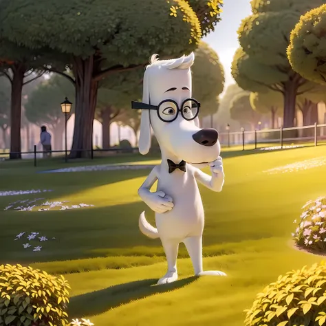 ((masterpiece, best quality)),(complex light),illustration, 1boy, furry, solo, full body, dog, mr peabody, <lora:mr_peabody1-10:0.8>,glasses, walking, forest,