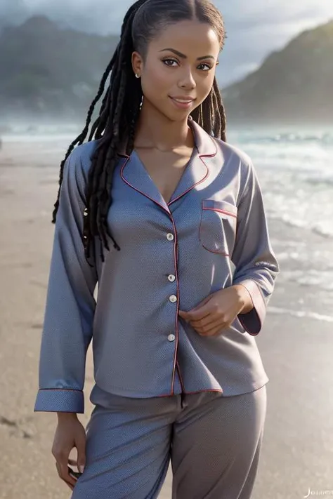 (sharp focus:1.2), photo, kiranoir, (beautiful face:1.1), detailed eyes, luscious lips, (cat eye makeup:0.85), (big smile:1.2), (wearing pajamas:1.2), on a (beach:1.2). (moody lighting:1.2), depth of field, bokeh, 4K, HDR. by (James C. Christensen:1.2|Jeremy Lipking:1.1).