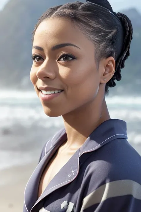 (sharp focus:1.2), photo, kiranoir, (beautiful face:1.1), detailed eyes, luscious lips, (cat eye makeup:0.85), (big smile:1.2), (wearing pajamas:1.2), on a (beach:1.2). (moody lighting:1.2), depth of field, bokeh, 4K, HDR. by (James C. Christensen:1.2|Jeremy Lipking:1.1).
