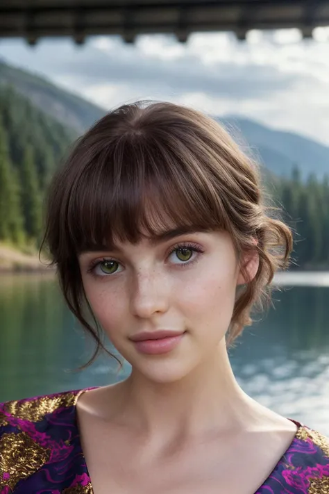 portrait of skswoman, disgust , wearing luxury fabrics , with Wispy bangs , background lake epic (photo, studio lighting, hard light, sony a7, 50 mm, matte skin, pores, colors, hyperdetailed, hyperrealistic), <lyco:Olivia Casta:1.1>