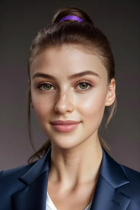 portrait of skswoman, amused , wearing suit , with Ponytail , background roman city epic (photo, studio lighting, hard light, sony a7, 50 mm, matte skin, pores, colors, hyperdetailed, hyperrealistic), <lyco:Olivia Casta:1.1>