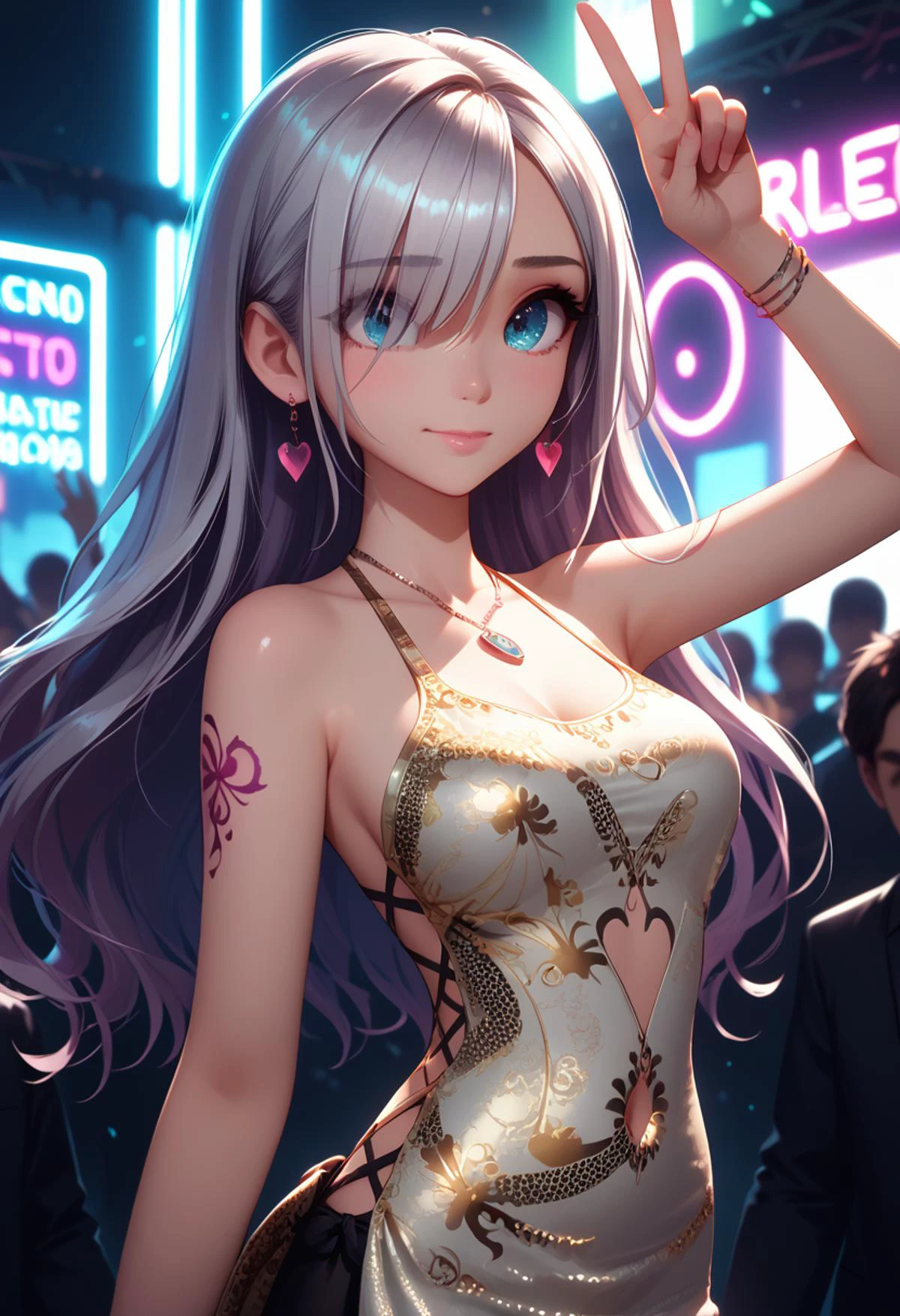 score_9, score_8_up, score_7_up, score_6, Expressiveh, ultra detailed, minomi, long hair, , embarrassed, , ,, ,, , slim belly, soft focus, , pink lips, ,, hair over one eye, , E cups, , light smile, looking up, lure , shy, ,, , slim, long flowing silver hair, skinny, petite, necklace, earrings, tattoo on arm,, enormous breasts, concept art, shiny skin, , rave, dancing, neon lights, peace fingers, peace sign, making a peace sign, making a V sign, <lora:g0th1cXL:0.3> <lora:DALLE_Style:1> <lora:0608 Stellar Blade (national color peony)_v1_pony:1> ruanyi0608 <lora:3Danimation_Disney_1.0:1>