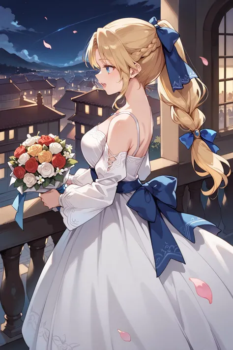 score_9, score_8_up, score_7_up, uncensored, source_anime, 8k hd, fantasy, medieval, BREAK, 1girl, celes chere, blonde hair, ponytail, braided ponytail, blue hair ribbon, white dress, long dress, gown, looking over balcony, bouquet, night sky, from side, falling petals, singing, arms out,  throwing bouquet, city in background
<lora:celeschere-pdxl-novowels:0.8>