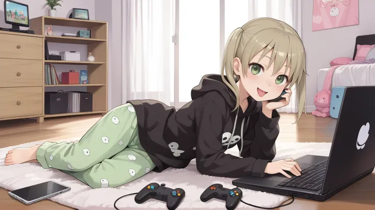 ,,,laying,,large bed ,side view,<lora:last:0.8> makaa girl, makaa,girl, ,1girl,,smiling,full body,()),, ,,open mouth,,tongue out,small breasts,, <lora:pajamas_pony_V2.0:0.8> jyojifuku, pajamas, hood <lora:frieren_blowing_a_kiss_pony:0.8> blowing kiss, heart, score_9, score_8_up,score_7_up,score_6_up,, , game controller, ,wooden floor, keyboard (computer), , disposable cup, , phone, laptop, , cellphone, controller,bed, messy room,TV,