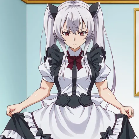<lora:MidoriUkai:1>, 1girl, solo, muscular, twintails, maid, red hair ornament,, zPDXLxxx