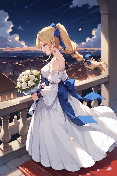 score_9, score_8_up, score_7_up, uncensored, source_anime, 8k hd, fantasy, medieval, BREAK, 1girl, celes chere, blonde hair, ponytail, braided ponytail, blue hair ribbon, white dress, long dress, gown, looking over balcony, bouquet, night sky, from side, falling petals, singing, arms out,  throwing bouquet, city in background
<lora:celeschere-pdxl-novowels:0.8>