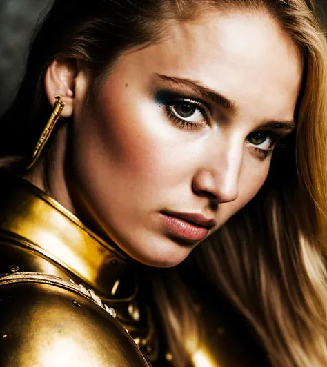 RAW photo, a close up portrait photo of 26 y.o queen warrior in shiny golden armor lingerie, pale skin, slim body, (background is medieval battlefield:1.2), (high detailed skin:1.2), 8k uhd, dslr, soft lighting, high quality, film grain, Fujifilm XT3, <lyco:personv10:1.0>