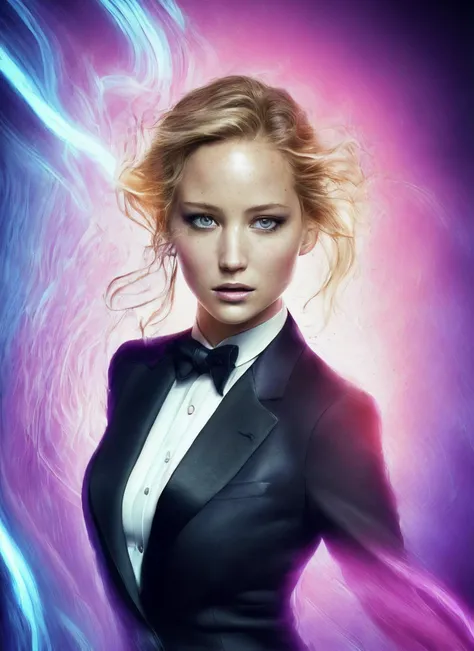 portrait of sks woman in tuxedo, (perfect eyes), energetic and colorful streams of light (photo, studio lighting, hard light, sony a7, 50 mm, matte skin, pores, concept art, colors, hyperdetailed), with professional color grading, soft shadows, bright colors, daylight, <lora:locon_jenniferlawrence_v1_from_v1_64_32:1.3>