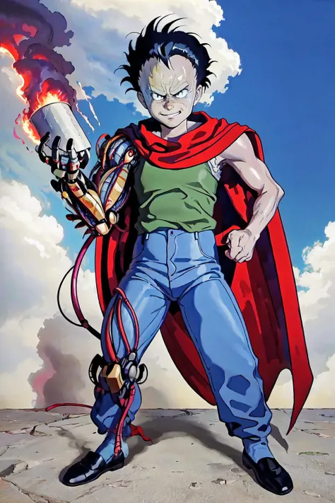 masterpiece, best quality, 1boy, solo, standing, <lora:akira_shima-10:1> shima tetsuo, tank top, red cape, blue pants, single mechanical arm, smirk, evil grin, body horror, mecha horror, (manga:0.6), 1980s \(style\), deformed