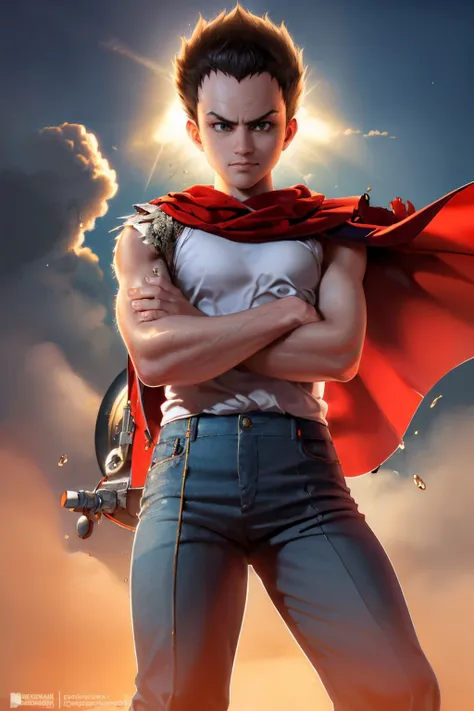 (masterpiece, best quality:1.2), solo, male focus, 1boy, shima tetsuo, expressionless, looking at viewer, crossed arms, v-shaped eyebrows, tank top, red cape, pants <lora:akira_shima-10:1>