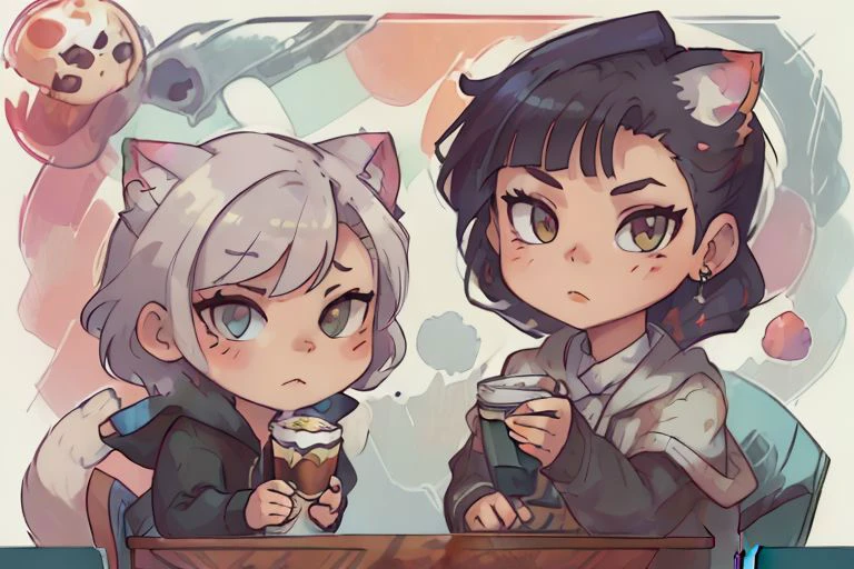 (photorealistic:1.4) depth of field, best quality, ultra high res, backlighting, light on face, watercolor, illustrtion. character, anime, Two cats, sitting at a paris caf table, Drinking coffee