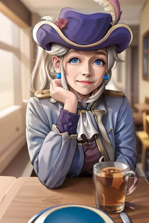dashing, confident, pov across table,looking at viewer,sitting, HoldingACupofCoffee BREAK
CONCEPT_pov_dating_ownwaifu,www.ownwaifu.com,
1girl,solo,cup,food,smile,table,plate,blurry,drinking glass,fork,depth of field,blurry background,holding,indoors,blurry foreground,cake,restaurant,spoon,cafe,glass,ice cube,head rest, holding a drink,
<lora:CONCEPT_pov_dating_ownwaifu:1>, BREAK
Swordfighter_Peach, solo, 1girl, hat, gray hair, blue eyes, jewelry, earrings, long hair, hat feather, pants, ascot, red rose, hat flower, ponytail, white pants, white gloves, boots, blue jacket, long sleeves, wrinkled face
BREAK, official art,extremely detailed CG unity 8k wallpaper, perfect lighting,Colorful, Bright_Front_face_Lighting,shiny skin, (masterpiece:1.0),(best_quality:1.0), ultra high res,4K,ultra-detailed, photography, 8K, HDR, highres, (absurdres:1.2), Kodak portra 400, film grain, blurry background, (bokeh:1.2), lens flare, (vibrant_color:1.2),professional photograph, (beautiful_face:1.5),