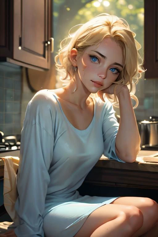 NSFW,(masterpiece, best quality), woman, looking at viewer, kitchen, sitting on kitchen counter, holding coffee mug, sleepy, slight smile, light blue eyes, upturned nose, round chin with cleft, soft cheeks, mouth slightly open, amber blonde, (bedhead), nightshirt, (nipples:0.4)