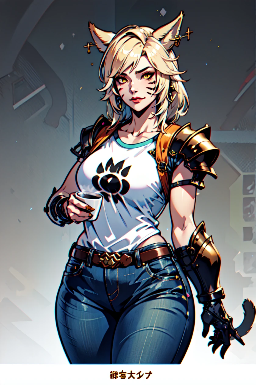 1 girl, solo, large breasts, HoldingACupofCoffee,tshirt, jeans, Simple-Miqote