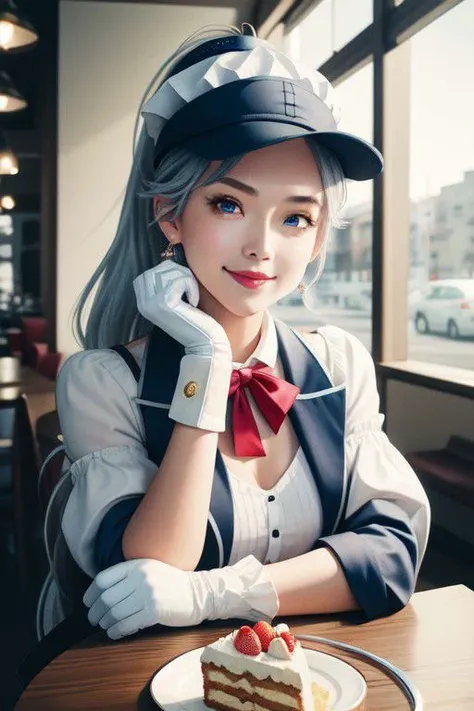 dashing, confident, pov across table,looking at viewer,sitting, HoldingACupofCoffee BREAK
CONCEPT_pov_dating_ownwaifu,www.ownwaifu.com,
1girl,solo,cup,food,smile,table,plate,blurry,drinking glass,fork,depth of field,blurry background,holding,indoors,blurry foreground,cake,restaurant,spoon,cafe,glass,ice cube,head rest
 <lora:CONCEPT_pov_dating_ownwaifu:1>, BREAK
Swordfighter_Peach, solo, 1girl, hat, gray hair, blue eyes, jewelry, earrings, long hair, hat feather, pants, ascot, red rose, hat flower, ponytail, white pants, (white gloves:1.1), boots, blue jacket, long sleeves, wrinkled face
BREAK, official art,extremely detailed CG unity 8k wallpaper, perfect lighting,Colorful, Bright_Front_face_Lighting,shiny skin, (masterpiece:1.0),(best_quality:1.0), ultra high res,4K,ultra-detailed, photography, 8K, HDR, highres, (absurdres:1.2), Kodak portra 400, film grain, blurry background, (bokeh:1.2), lens flare, (vibrant_color:1.2),professional photograph, (beautiful_face:1.5),