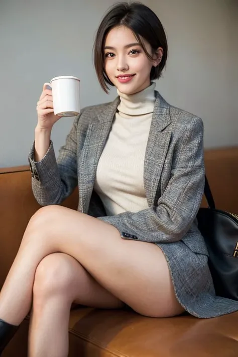 (highest quality, hight resolution, masterpiece:1.3) solo, girl, hazel eyes, tsurime, black and very short hair, large breasts, detailed skin, BREAK (gray double tailored jacket), turtleneck shirts, Tweed Bermuda shorts, black shoulder bag, black high-heeled long boots, cafe, sitting, crossed legs, smile, drink coffee, HoldingACupofCoffee, cowboy shot, little smile