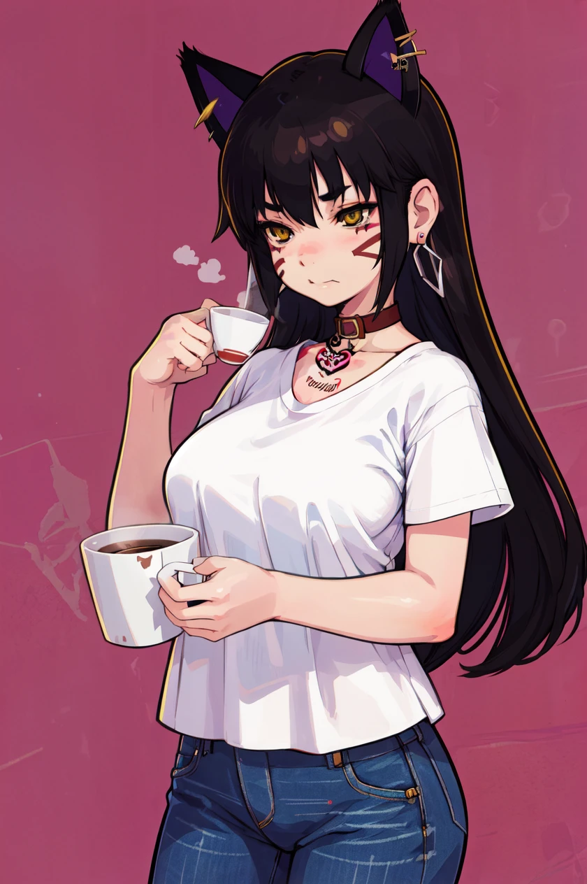 1 girl, solo, large breasts, HoldingACupofCoffee,tshirt, jeans, Simple-Miqote