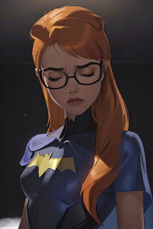 a woman, masterpiece, best quality, 1girl,batgirl, barbara gordan in sleeping in a hospital bed, at night, (dimly lit), in a hospital, atmospheric scene, (detailed beautiful face, detail skin texture, ultra-detailed body:1.1),, ((extreme skin detail)), hdr, ((ultrarealistic)), (((petite))), (orange hair), glasses, (((blue hospital gown))), closed eyes, (((tears)))